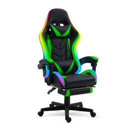 Scaun Gamer cu LED RGB – cu Perna, Cotiere – Negru/Verde